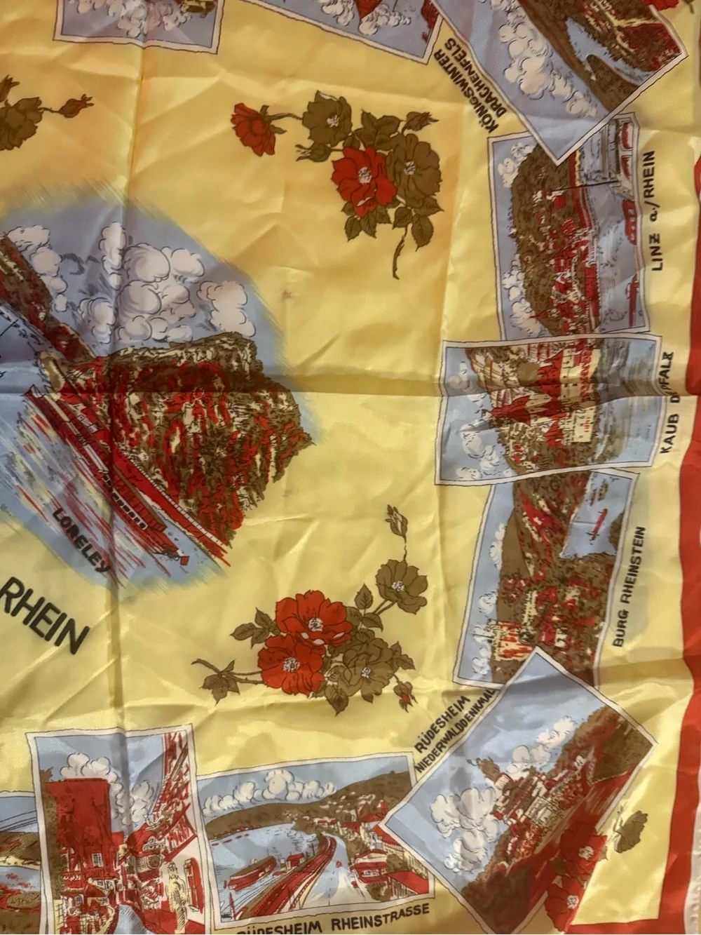 Yellow Scenic Rhine Souvenir Scarf with Red Floral Accents